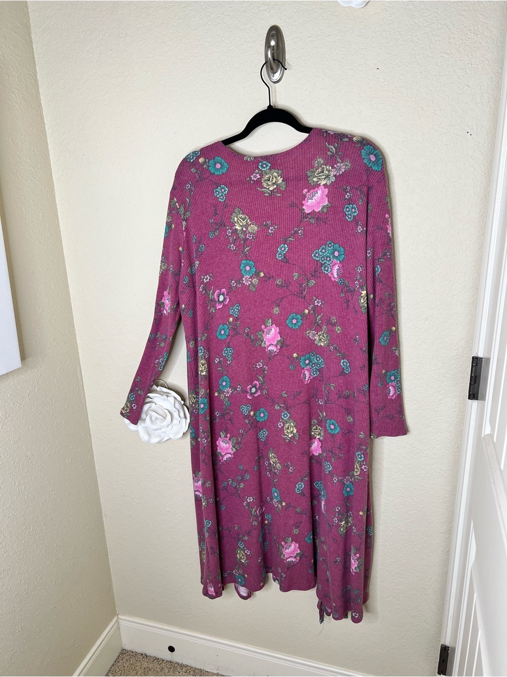NTM: LuLaRoe Sarah Floral Duster Cardigan Large Pink Ribbed Open Front Pocketed - Picture 12 of 13